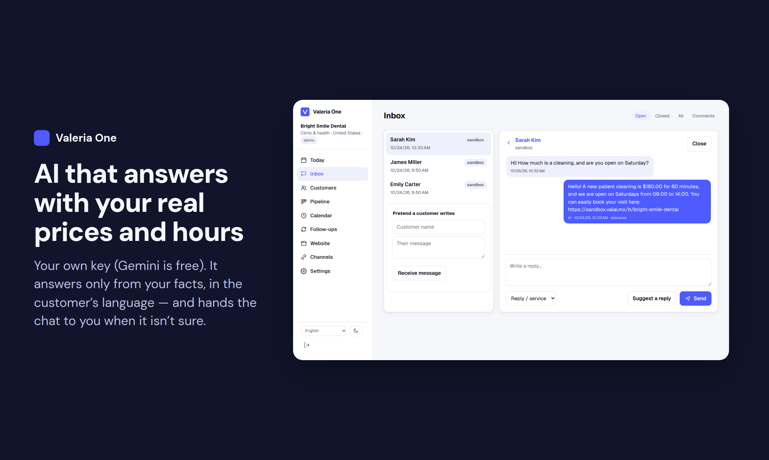 A customer's question answered with the real price and hours